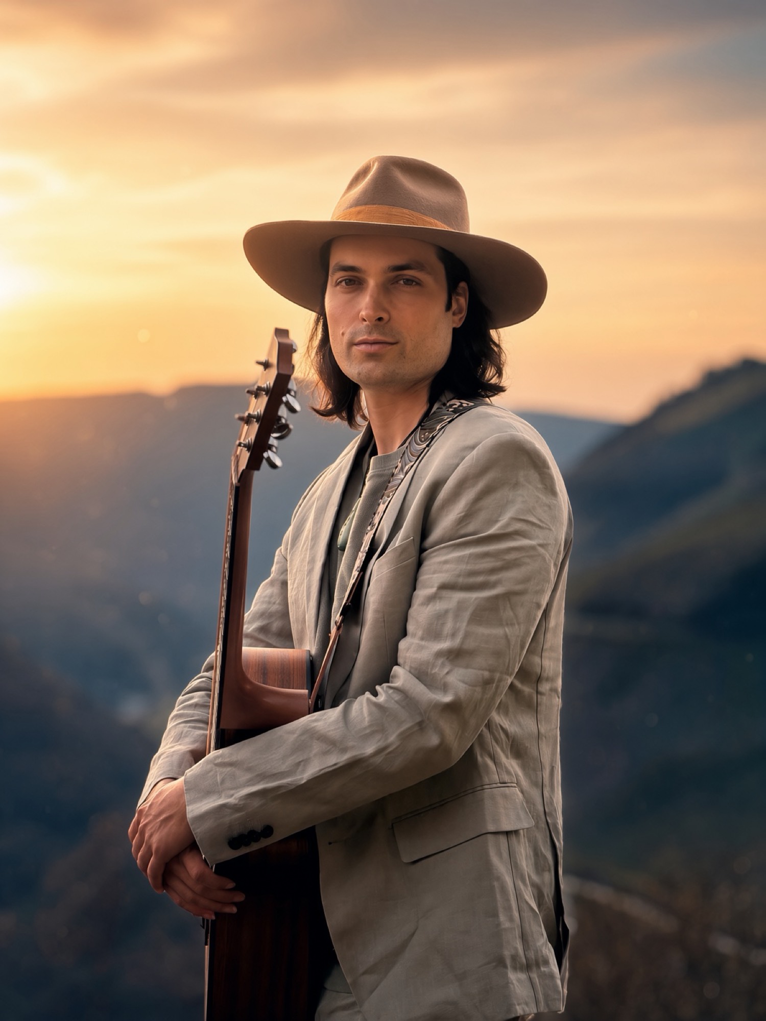 Luke Greenstone mit Hut und Gitarre im Abendlicht